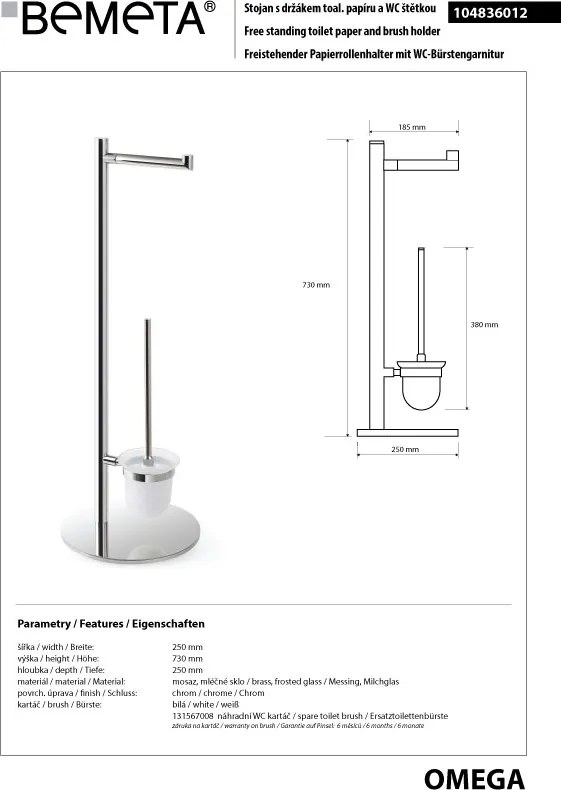 Bemeta Design OMEGA: Stojan, s držiakom TP, s WC kefou, lesk - 104836012