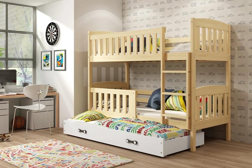 Detská poschodová posteľ s prístelkou KUBUŠ 3 | borovica Farba: Borovica / biela, Rozmer.: 200 x 90 cm
