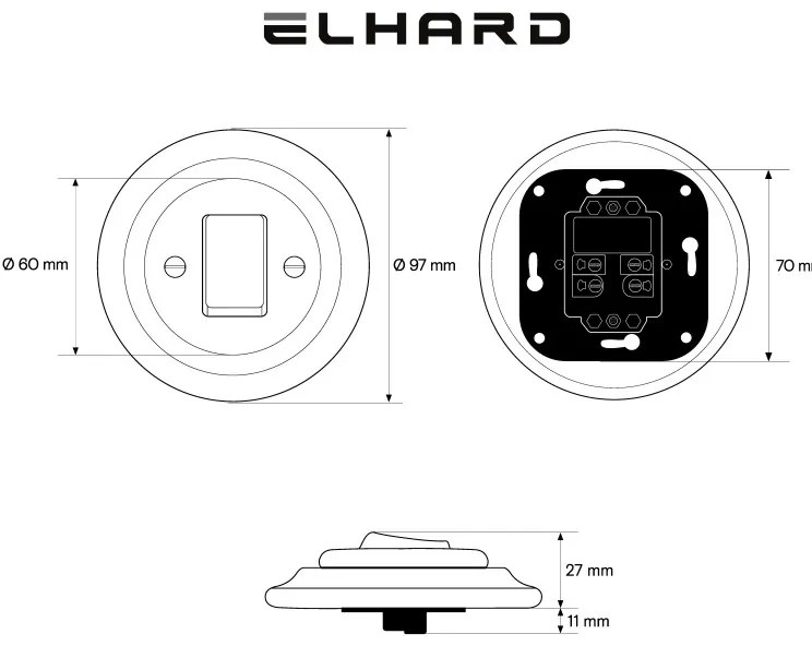 Elhard Okrúhly keramický vypínač so širokou kolískou č.1, dvojpólový, čierny KV1011B