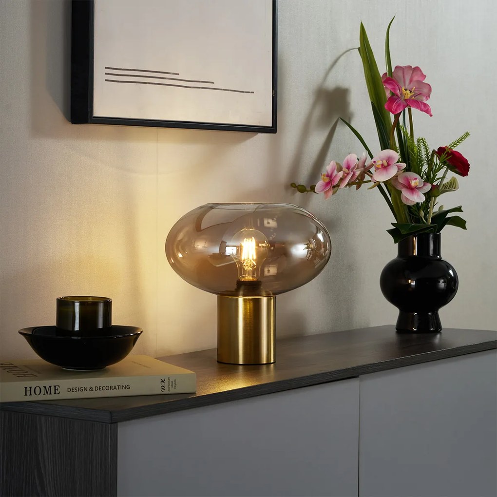 Dizajnová stolná lampa mosadzná s jantárovým sklom - Umbrella