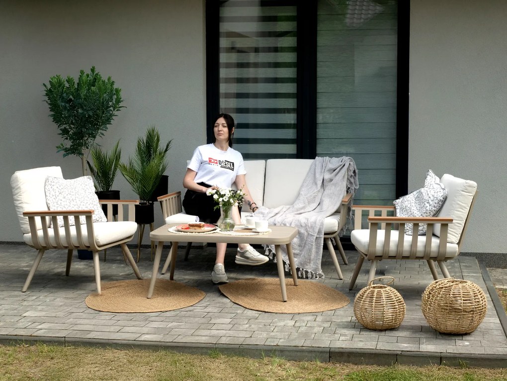 Hliníkový set: Pohovka na terasu + stolík + 2 kreslá - oblé s béžovými vankúšmi