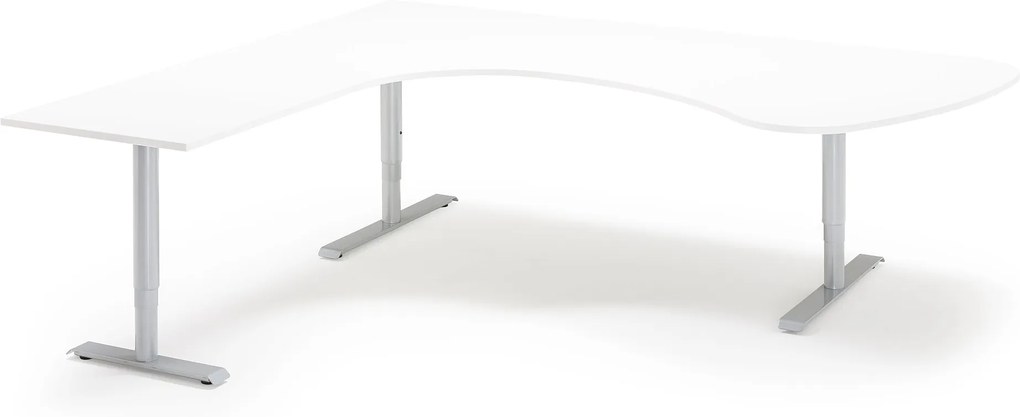 Rohový výškovo nastaviteľný stôl Adeptus, ľavý, 2200x2000 mm, biela/šedá