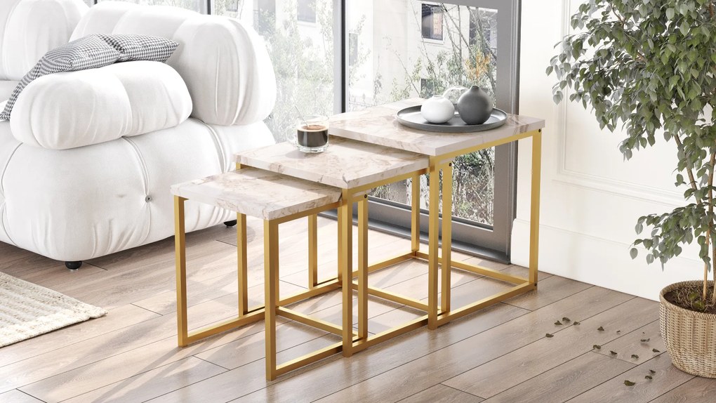 Súprava 3 ks konferenčných stolíkov Houseland Voyage zlatá/mramor