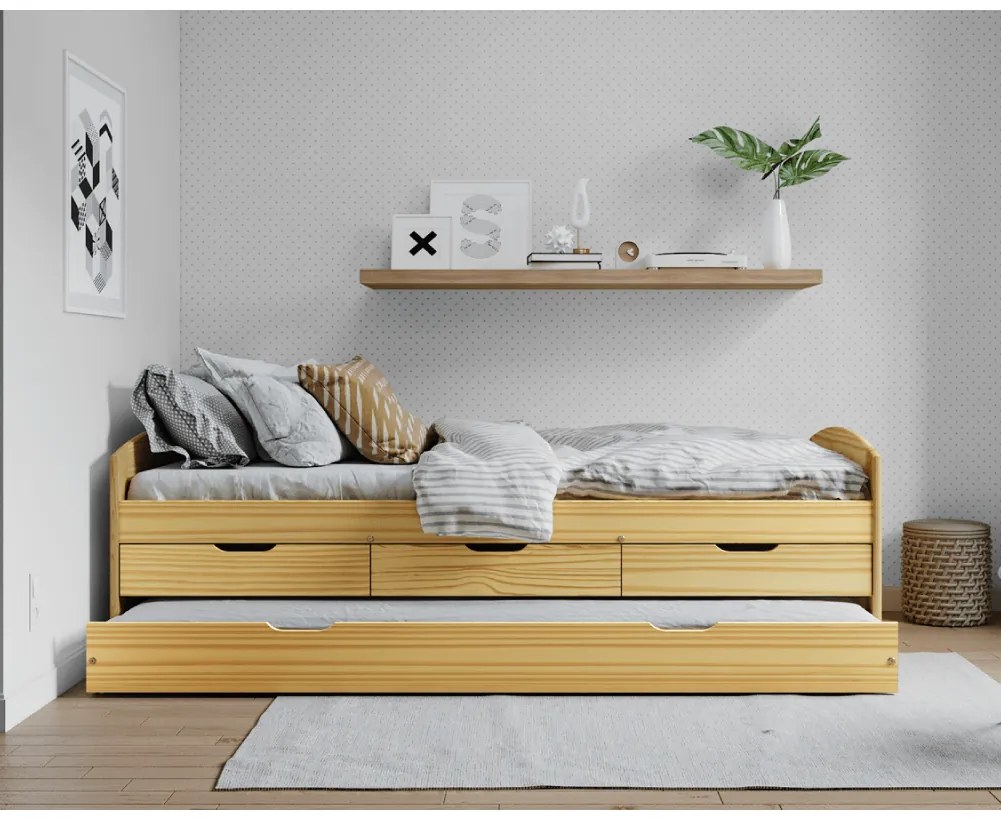 Kondela Posteľ s výsuvnou prístelkou, prírodná, masív, 90x200, MARINELLA NEW