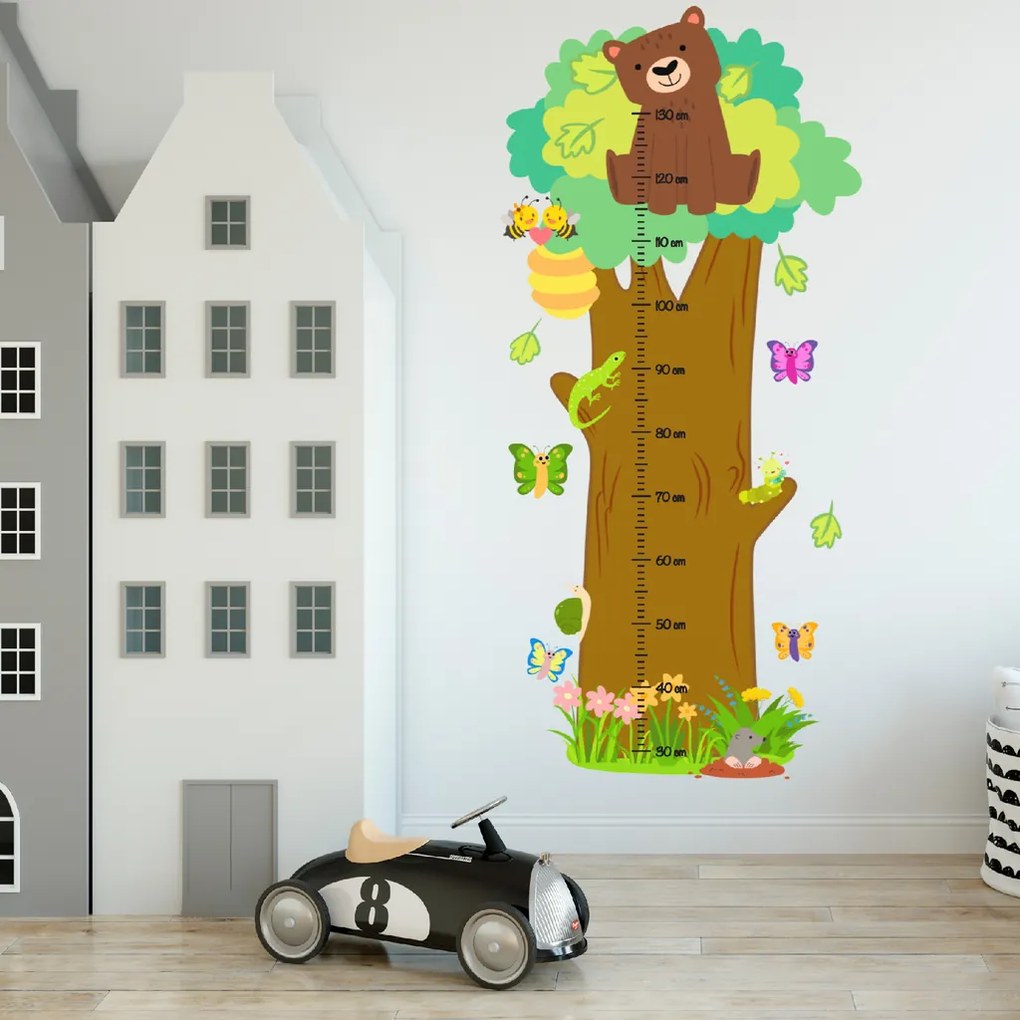 60x125cm Detský meter - strom so zvieratkami - textilná nálepka na stenu