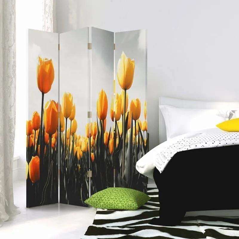 Ozdobný paraván Žluté tulipány - 145x170 cm, štvordielny, obojstranný paraván 360°