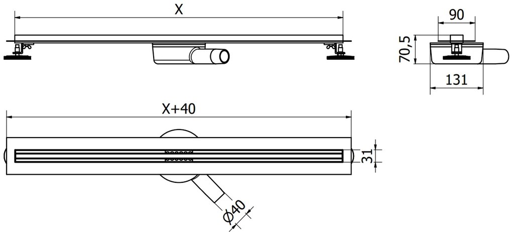 MEXEN Flat nerezový sprchový žľab s rotačným 360° sifónom 180 cm, vzor SLIM, nerezová, 1041180