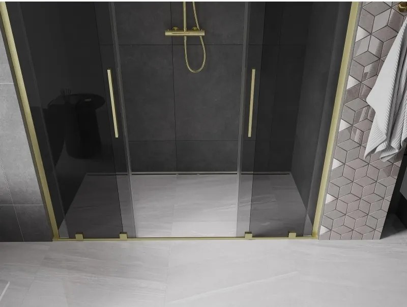 Mexen Velar L Duo, posuvné sprchové dvere do otvoru 200 cm, 8mm šedé sklo, zlatá matná, 871-200-003-42-55