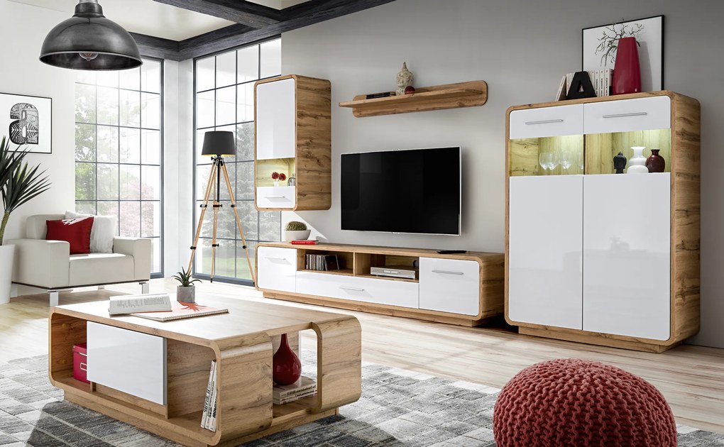 Moderná obývacia izba Skansen, dub Wotan / biely lesk MDF
