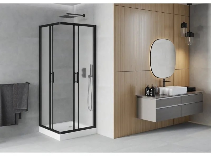 Mexen Rio, štvorcový sprchovací kút s posuvnými dverami 70(dvere) x 70(dvere) x 190 cm, 6mm sklo námraza, čierny profil + biela sprchová vanička RIO, 860-070-070-70-30-4510