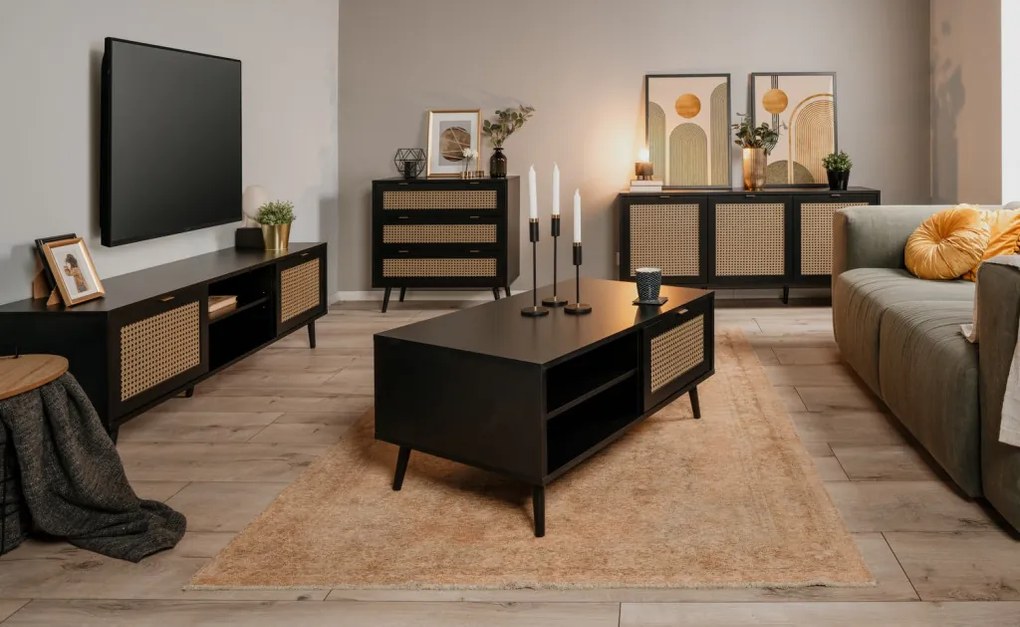 Zásuvková komoda Vienna, čierna/výplet