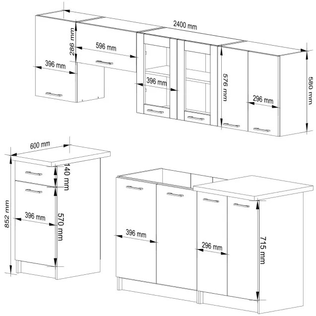 Kuchynská linka OLIVIA 2.4 m s vitrínou biela