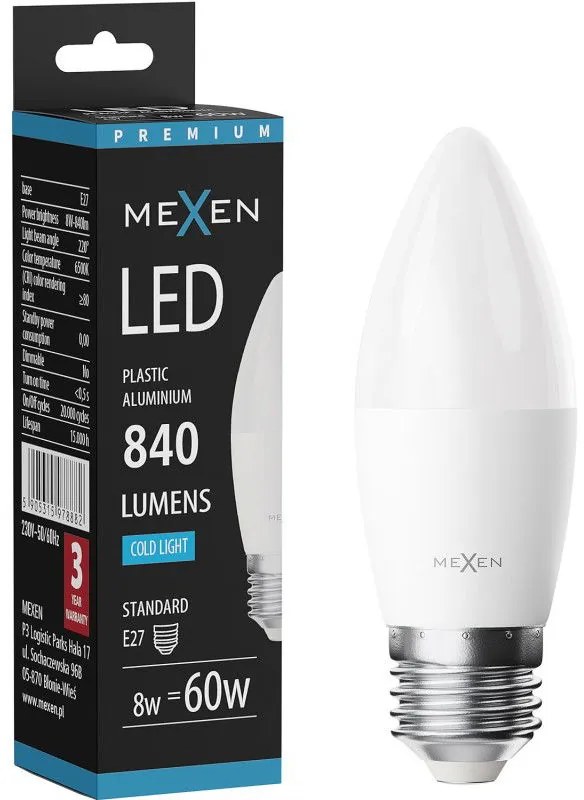 Mexen Nova, LED žiarovka E27, C37, 8W, Neutrálna - 4000K, 840 lm - L102-E27-0840-01