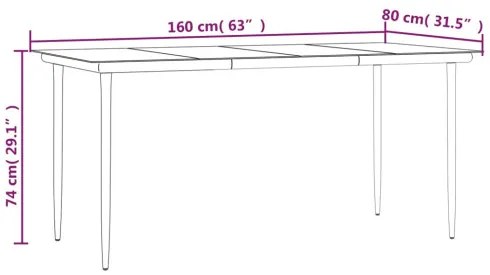 vidaXL Záhradný jedálenský stôl čierny 160x80x74cm oceľ a tvrdené sklo-