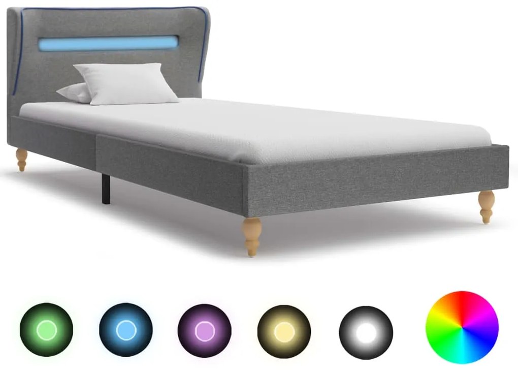vidaXL Rám postele s LED svetlom bledosivý látkový 90x200 cm