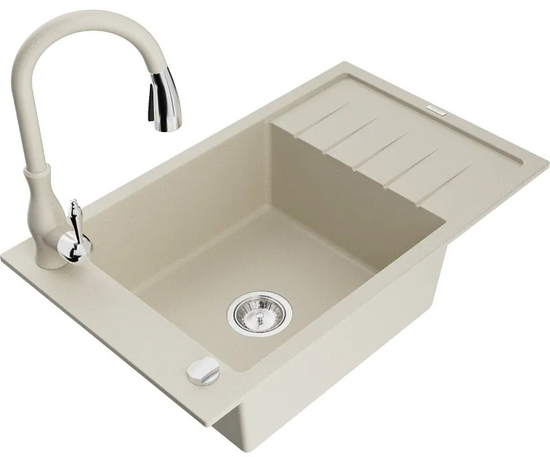 Mexen Elias, 1-komorový granitový drez 795x480x200 mm a drezová batéria Savita, béžová, 6511-69-672601-69