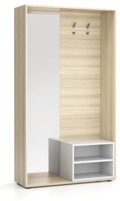 PLAN Šatníková stena BORDER s botníkom a zrkadlom, 2 háčiky, dub prírodný/biela