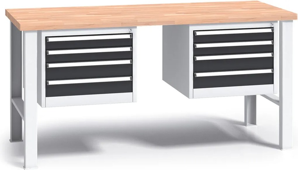 Pracovný stôl do dielne G3 s 2 závesnými boxami na náradie, buková škárovka, 8 zásuviek, pevné kovové nohy, 1700 mm, grafit