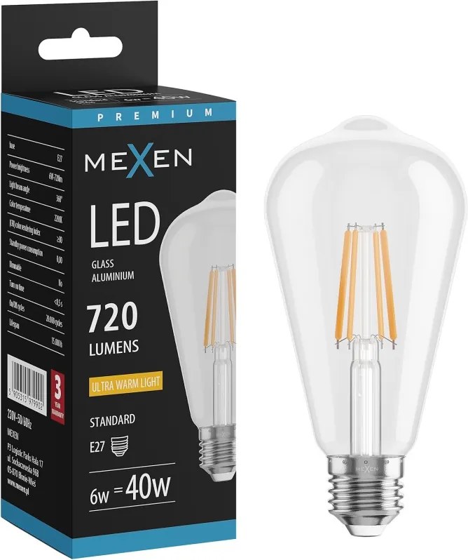 Mexen Vintis, LED filamentová žiarovka E27, ST64, 6 W, teplá biela 2200K, číra, L152-E27-0622-00