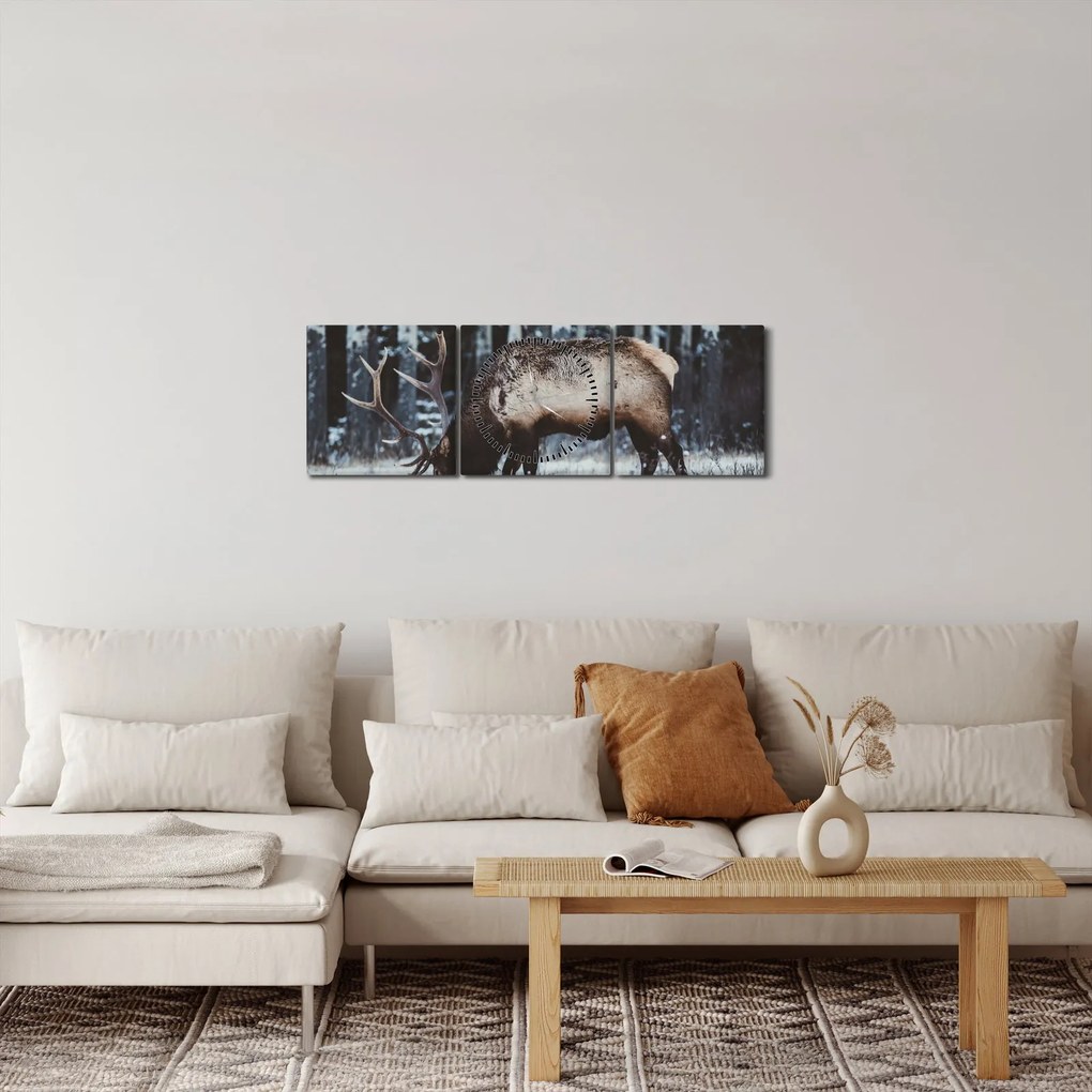 Obraz - jeleň v zime (s hodinami) (90x30 cm)
