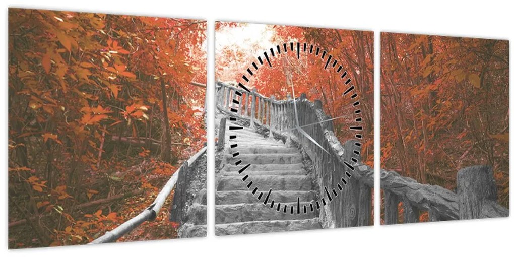 Obraz - Schody v prírode, oranžová (s hodinami) (90x30 cm)