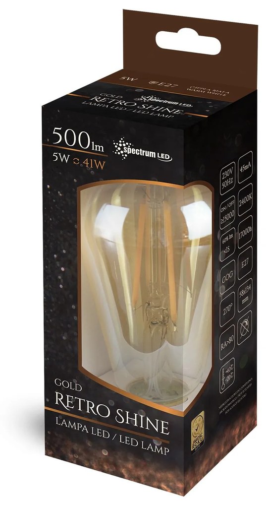Toolight - LED žiarovka E-27 230V 5W 500lm Edison 14077, teplé svetlo, OSW-05702