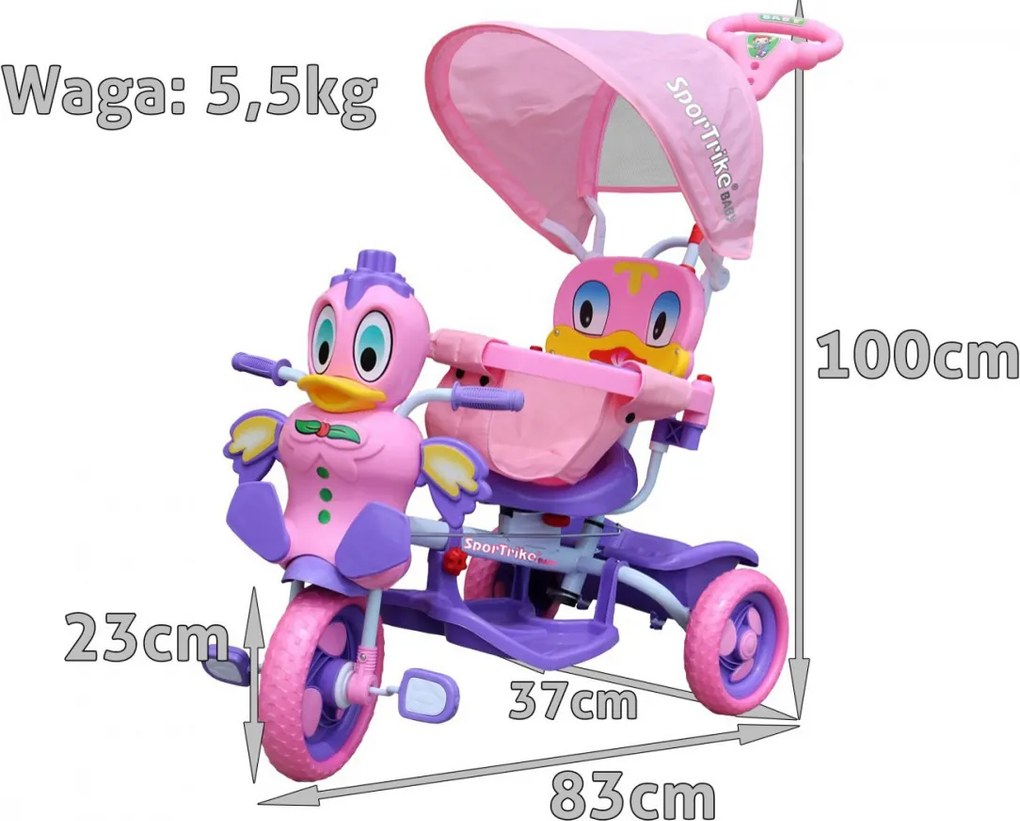 Ramiz Detský trojkolesový bicykel Duck Bike Fialová + zvuky + strieška + zábrana + opierka nôh + rukoväť + úložný priestor