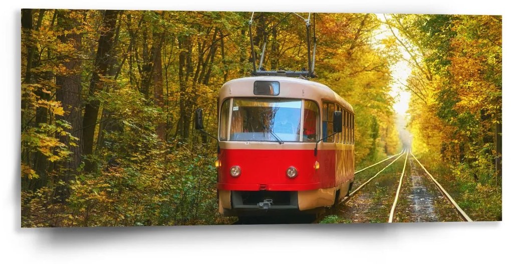 Sablio Obraz Červená električka v lese - 110x50 cm