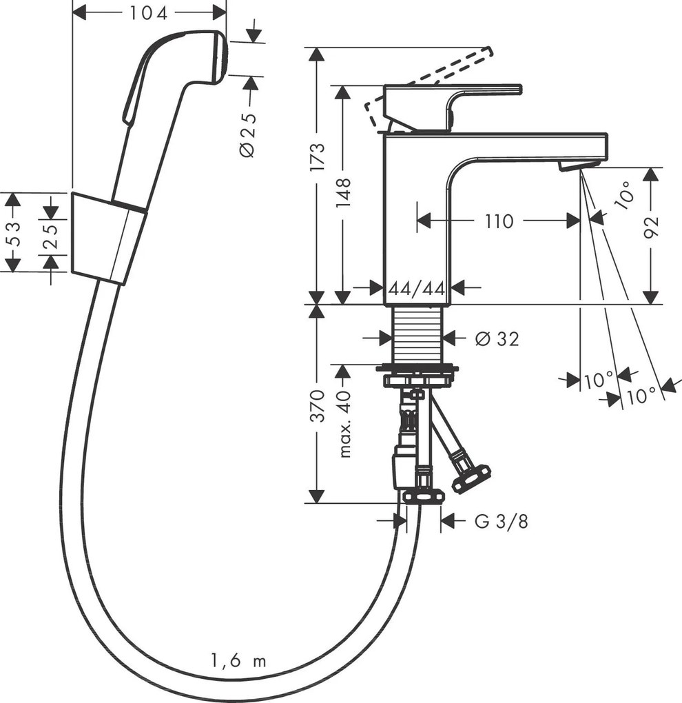 Hansgrohe Vernis Shape, umývadlová batéria 100 s ručnou sprchou Bidette, chrómová, 71216000