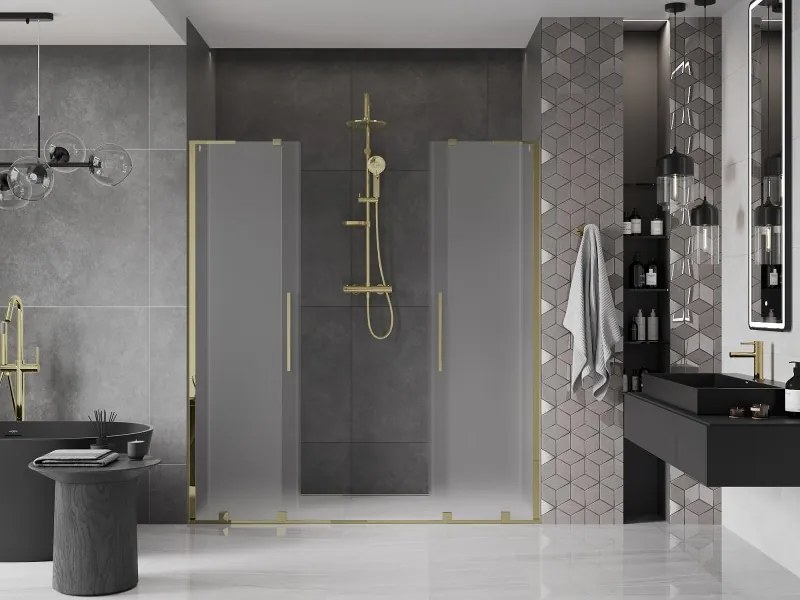 Mexen Velar L Duo, posuvné sprchové dvere do otvoru 200 cm, 8mm sklo námraza, zlatá lesklá, 871-200-003-32-50