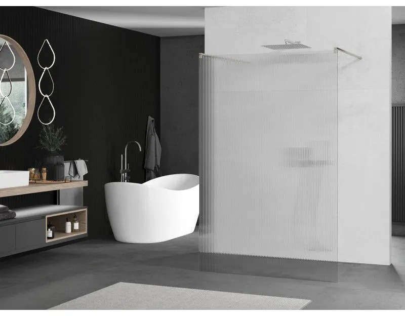 Mexen Kioto, sprchová zástena Walk-In 130 x 200 cm, 8mm sklo s rebrovým vzorom, brúsená oceľ profil, 800-130-002-97-09