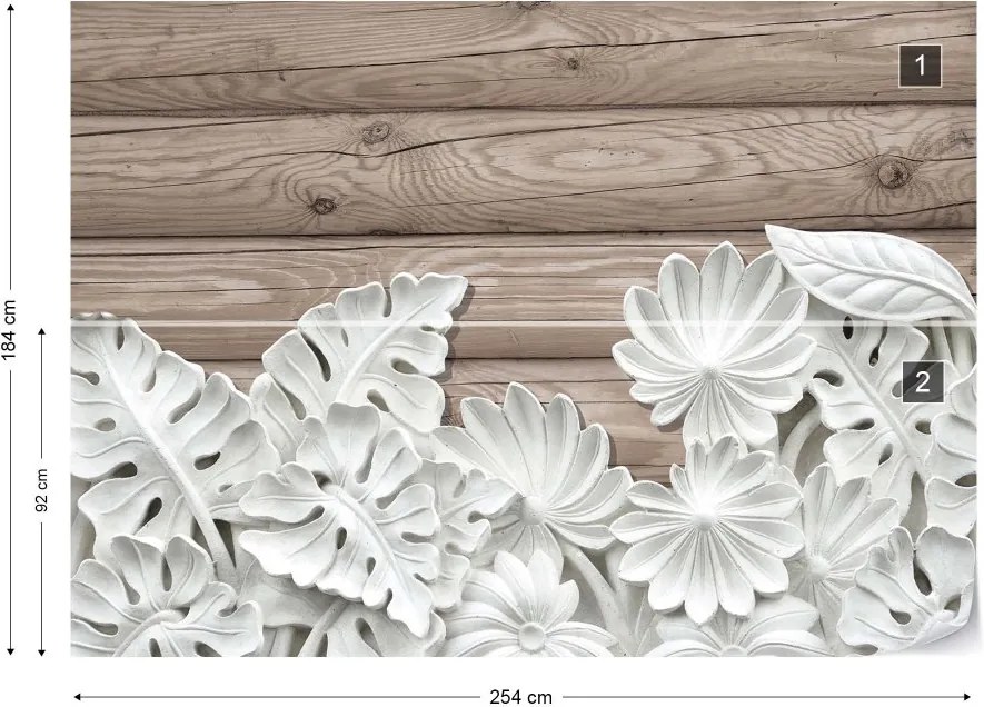 GLIX Fototapeta - Vintage Chic 3D Carved White Flowers Wood Plank Texture Vliesová tapeta  - 254x184 cm