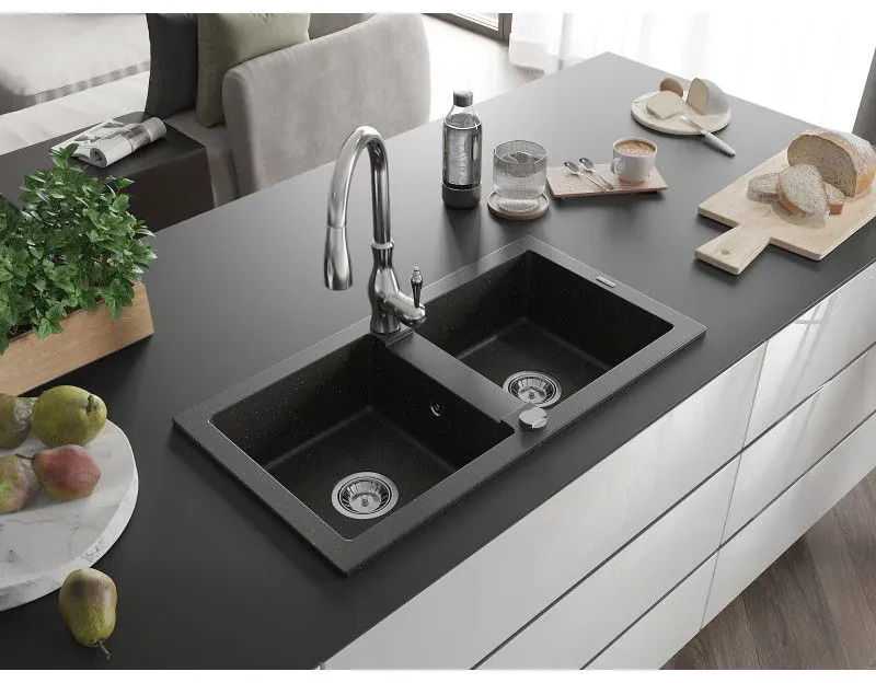 Mexen Mario, 2-komorový granitový drez 820x436x161 mm a drezová batéria Savita, čierna-zlatá metalíza, 6504-75-672601-00