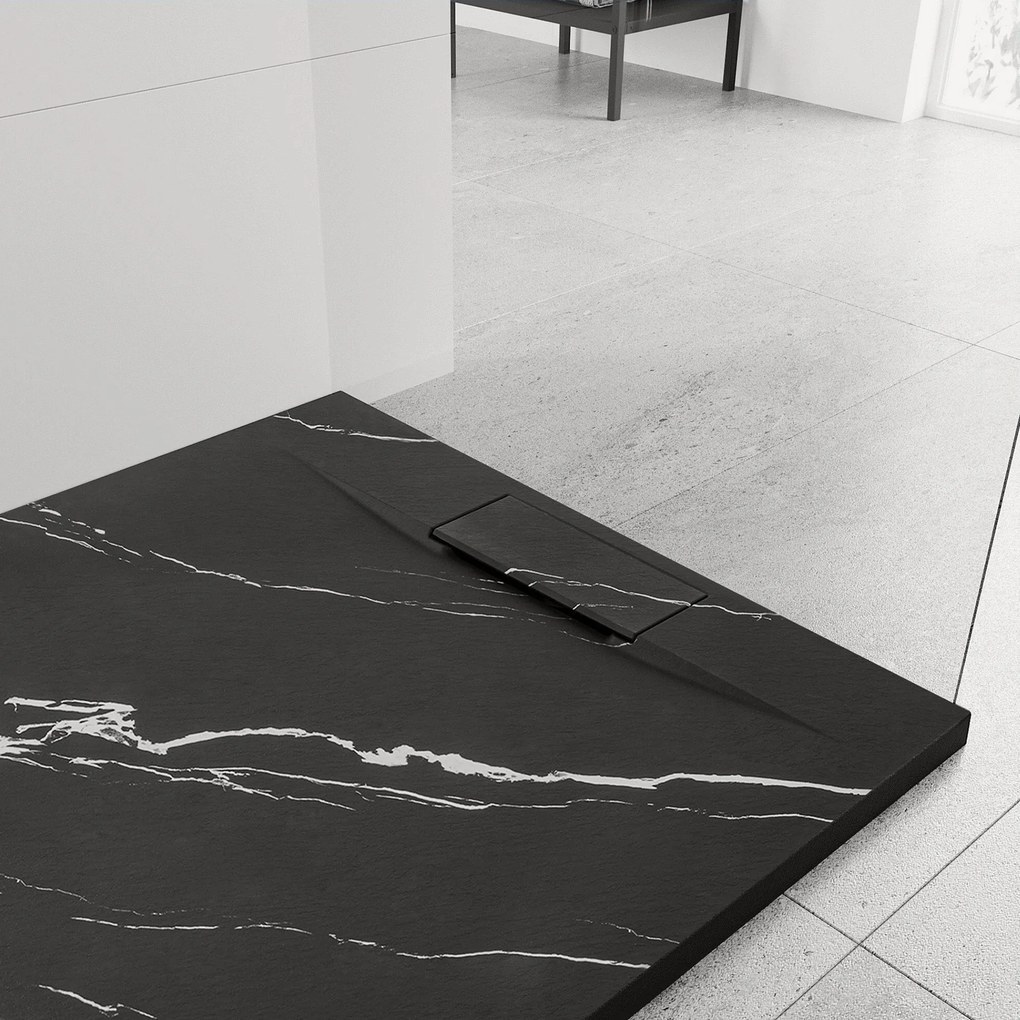 Štvorcová sprchová vanička z SMC kompozitu REA BAZALT CARRARA 90x90 cm, čierny mramor