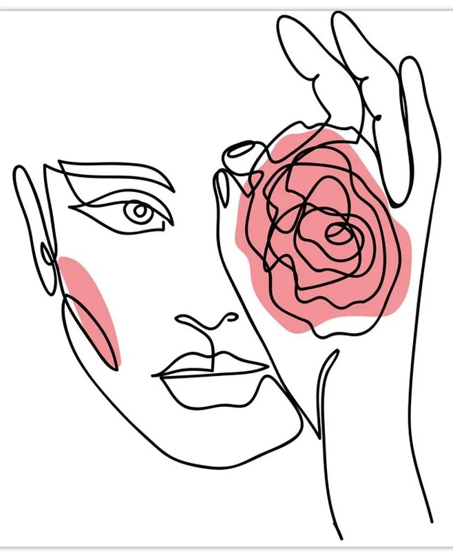 Obraz - Line art tvár s ružou (90x60 cm)