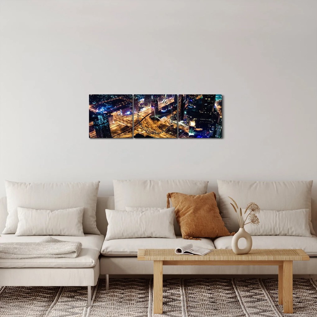 Obraz nočného mesta (s hodinami) (90x30 cm)