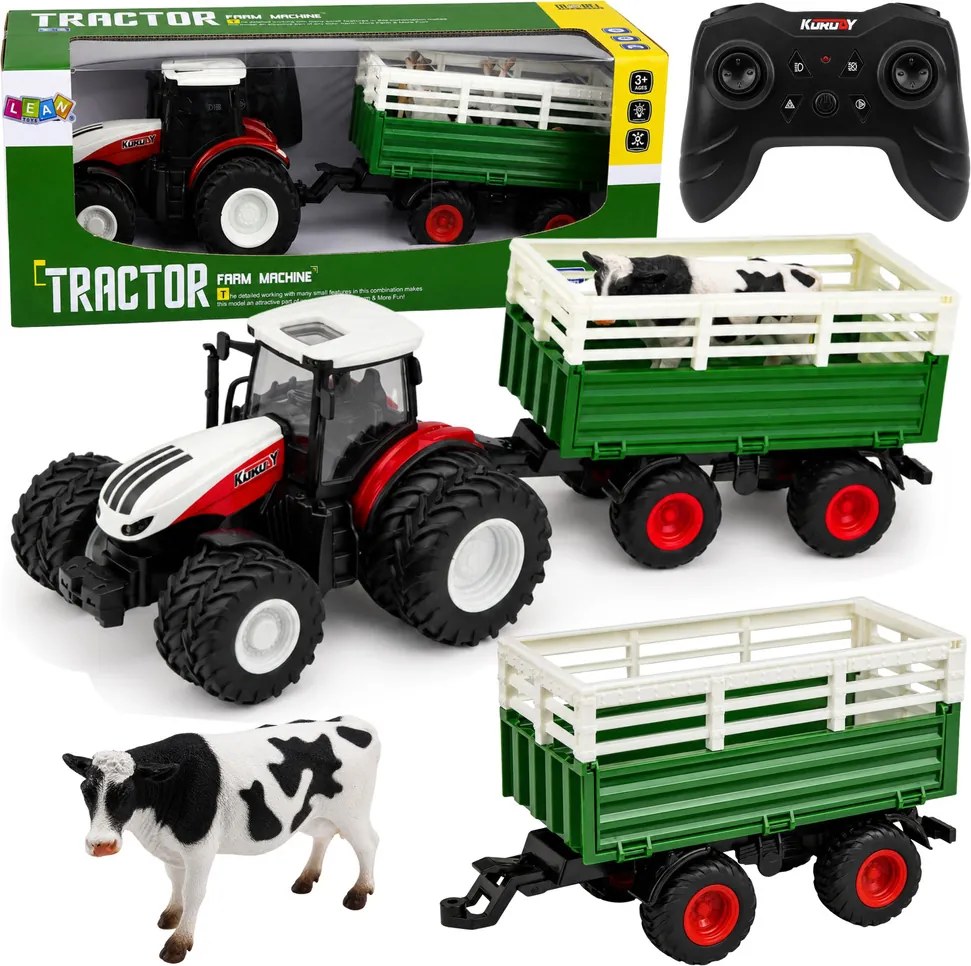 LEAN Toys Poľnohospodársky traktor s prívesom, diaľkovo ovládaný RC, figúrka kravy, mierka 1:24