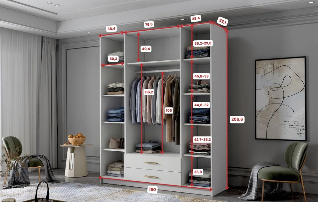Šatníková skriňa ADA I 160 cm - biela / zlaté úchytky