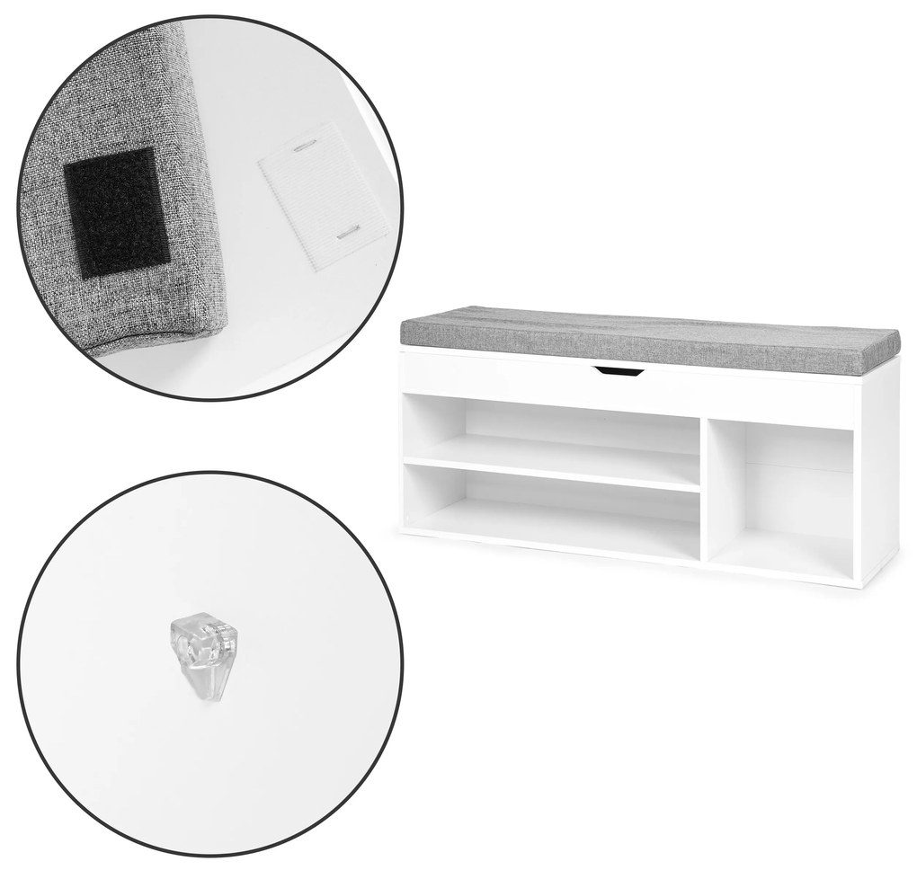 ModernHome Skrinka na topánky so sivým vankúšom - 3 biele police