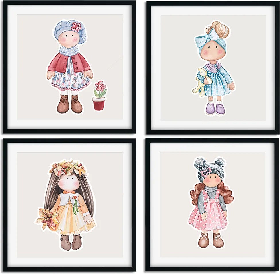 Rámované obrazy pre deti - Bábiky 4ks - 30 x 30 cm