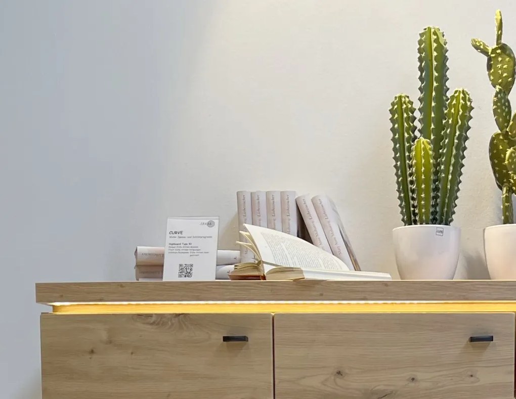 Široká vitrína Bolus, dub artisan, s osvetlením