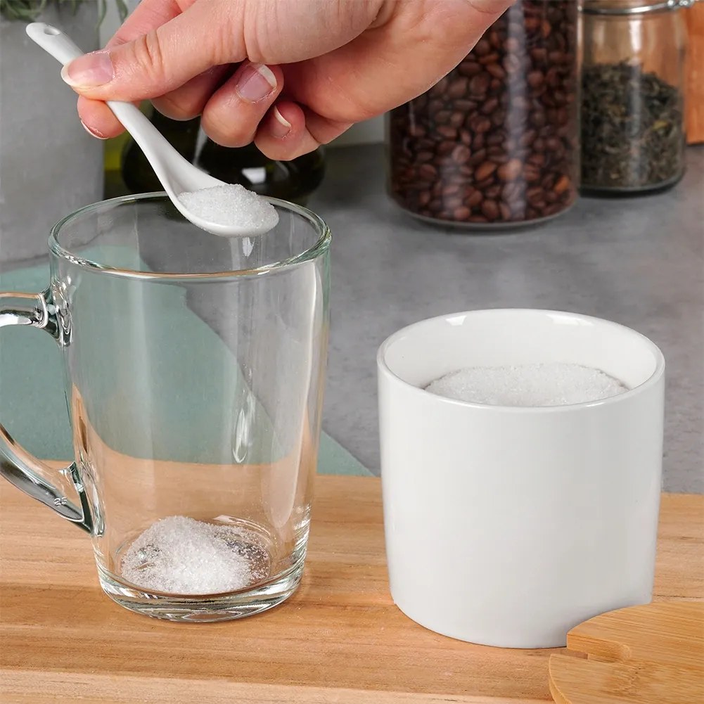 VILDE Kulatá keramická cukřenka s bambusovým víčkem a lžičkou, 250ML bílá