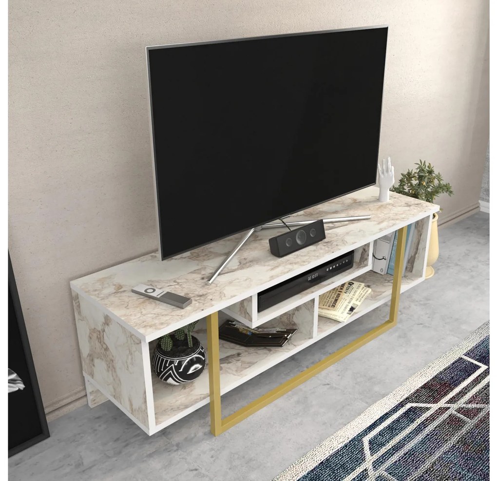TV stolík/skrinka Aslana 120 (biela + zlatá). Akcia -19%. Vlastná spoľahlivá doprava až k Vám domov. 1101386