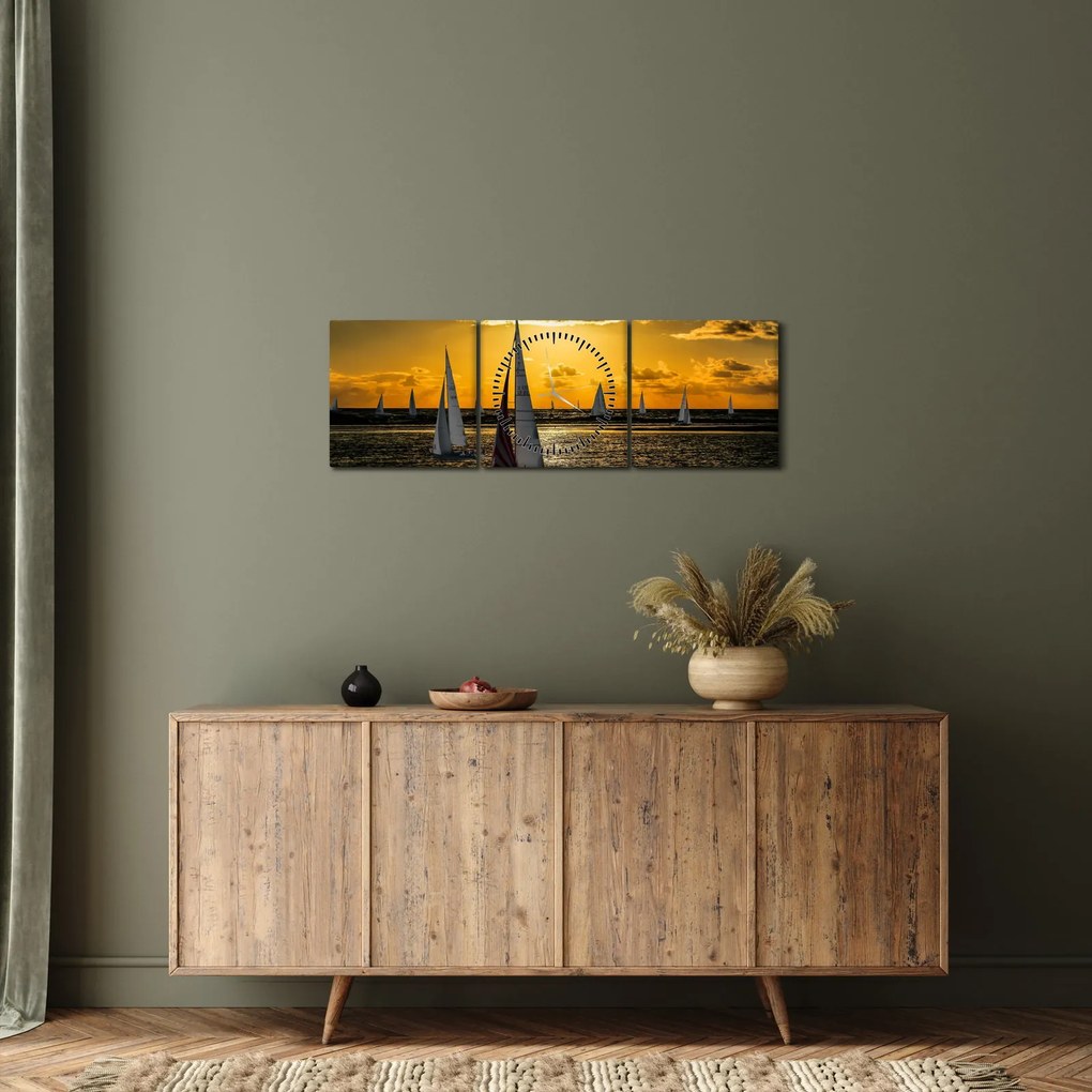 Obraz jachty v západe slnka (s hodinami) (90x30 cm)