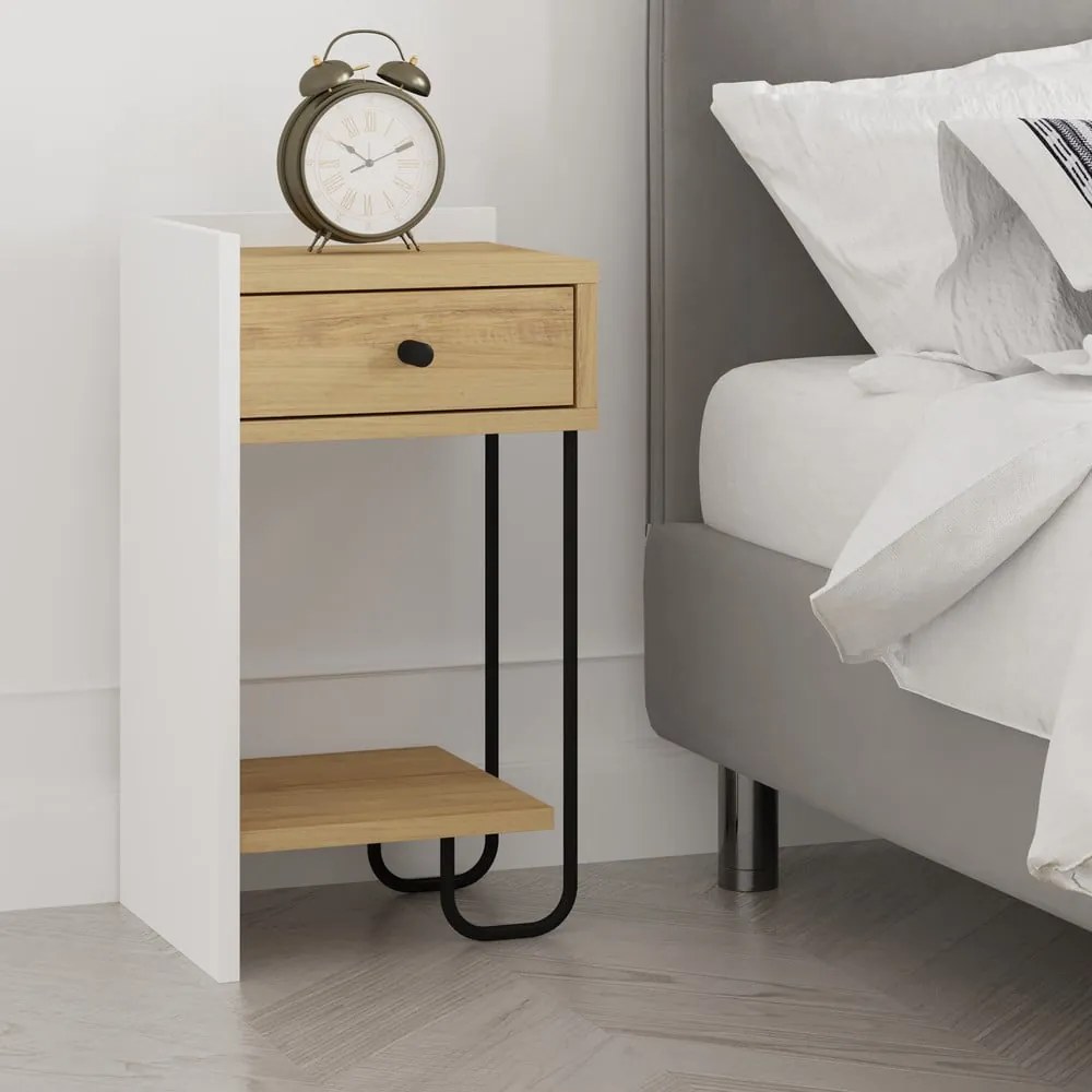 Biely/v prírodnej farbe nočný stolík v dekore duba s poličkami Mercure – Marckeric