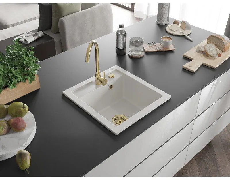 Mexen Vito, granitový drez 520x490x210 mm, 1-komorový, biela so zlatým sifónom, 6503521000-20-G