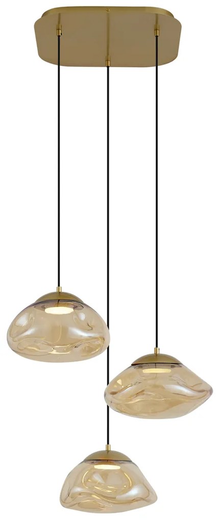 Hotelová elegantná závesná lampa mosadzná s jantárovým sklom 3-svetlá - Gus