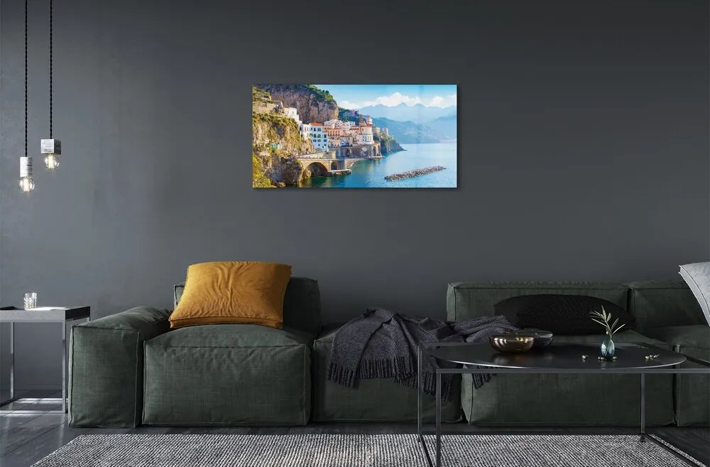 Sklenený obraz Taliansko pobrežie morské stavby 140x70 cm