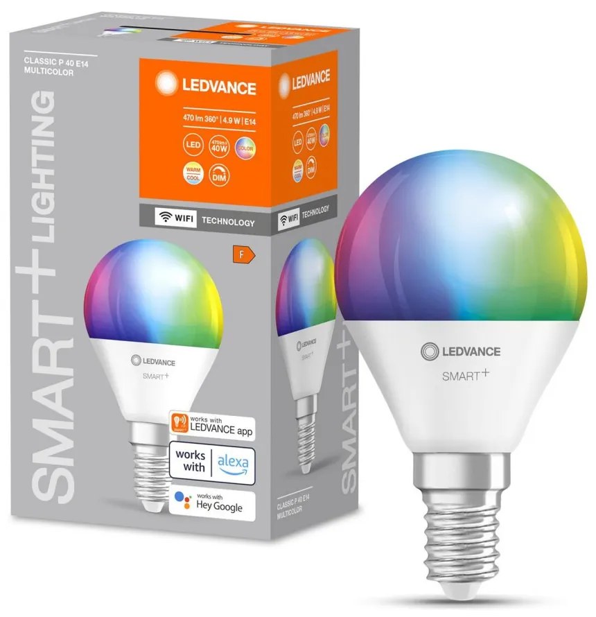 LED E14 P40 4,9W 470lm RGBW SMART+ WiFi Stmievateľná mini žiarovka LEDVANCE