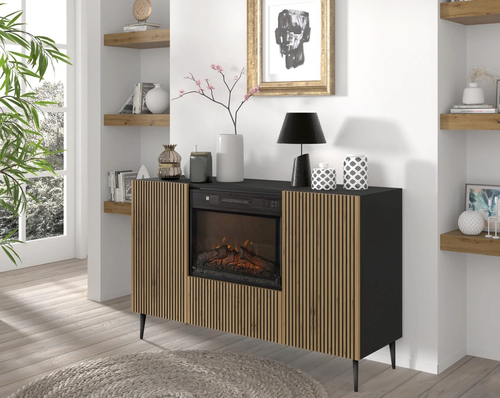 Skrinka s elektrickým krbom F 2D1K Rowanna (dub artisan + čierna). Akcia -20%. Vlastná spoľahlivá doprava až k Vám domov. 1125063